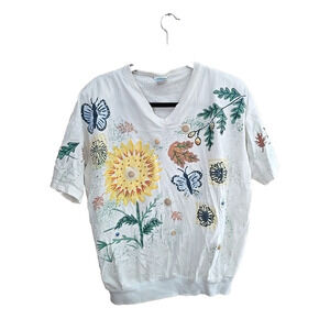 VTG Granny Made Puff Paint Floral Beaded Multicolor Short Sleeve Top Womans XL